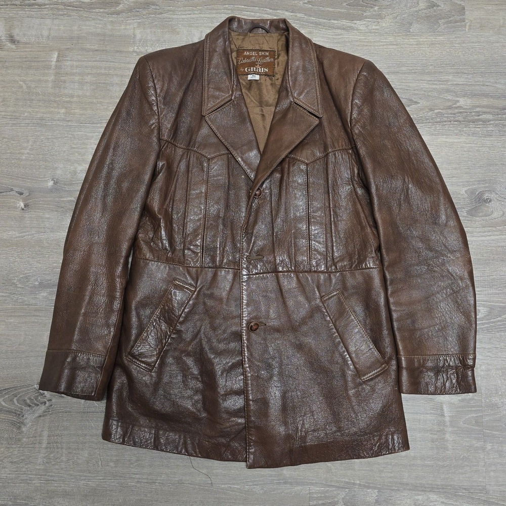 Vintage 70s Grais Angel Skin Cabretta Leather Coat Jacket Brown 40R USA Made